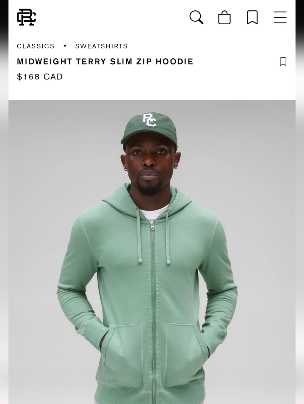 Reigning Champ Sable Green Zipper Hoodie Size XS Mens Or S Women's Like New